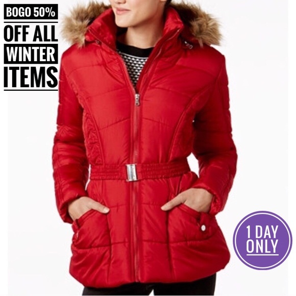 Rampage Jackets & Blazers - Faux Fur Trim Belted Puffer Coat - New w/ TAGS